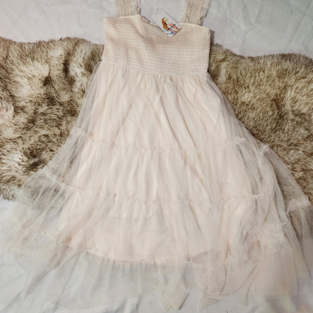 PrettyGarden Summer Sleeveless Ruffle Tulle Flowy Beach Dress Light Pink Size-S